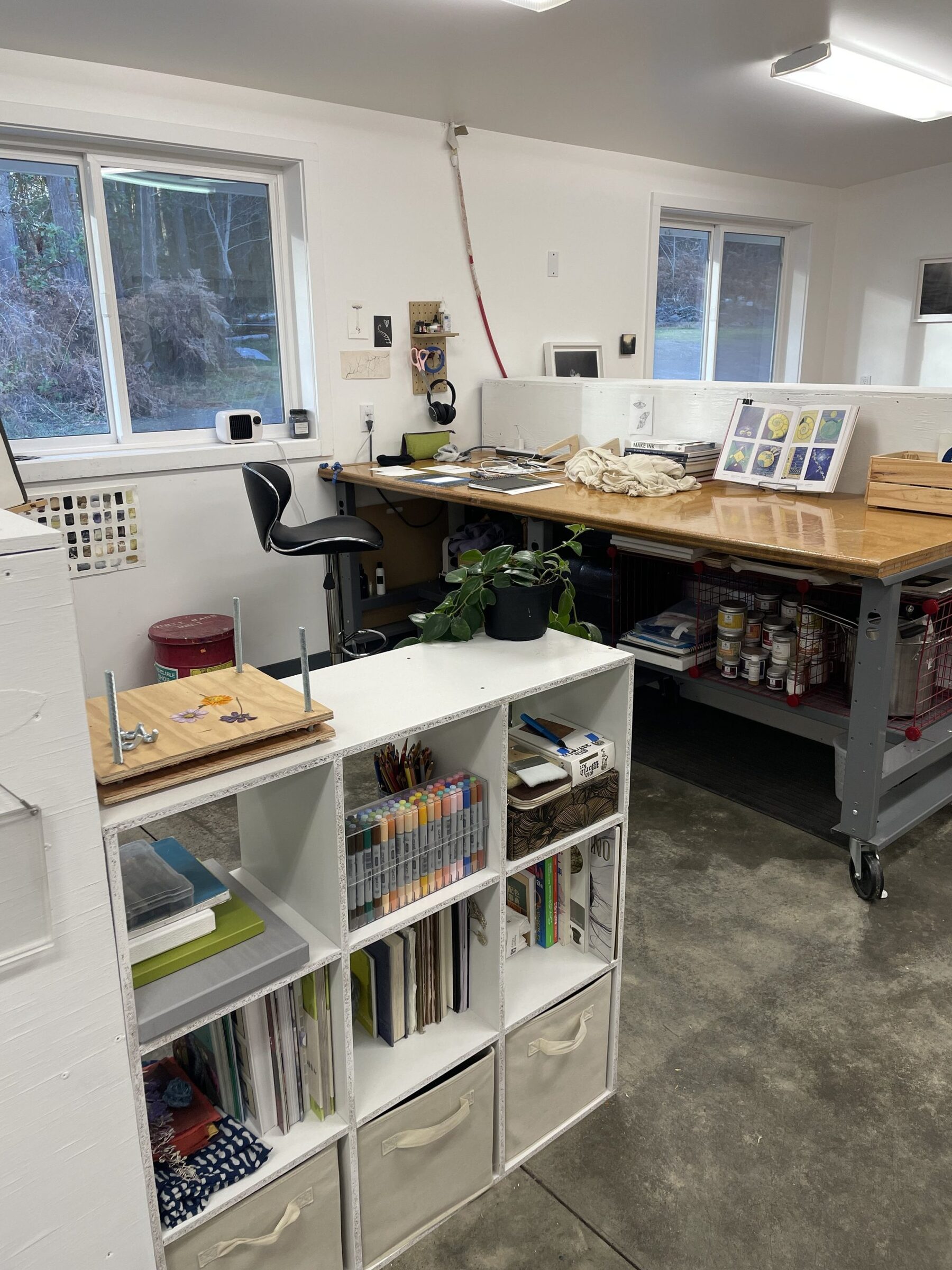 Work tables and shelves in the Big Studio