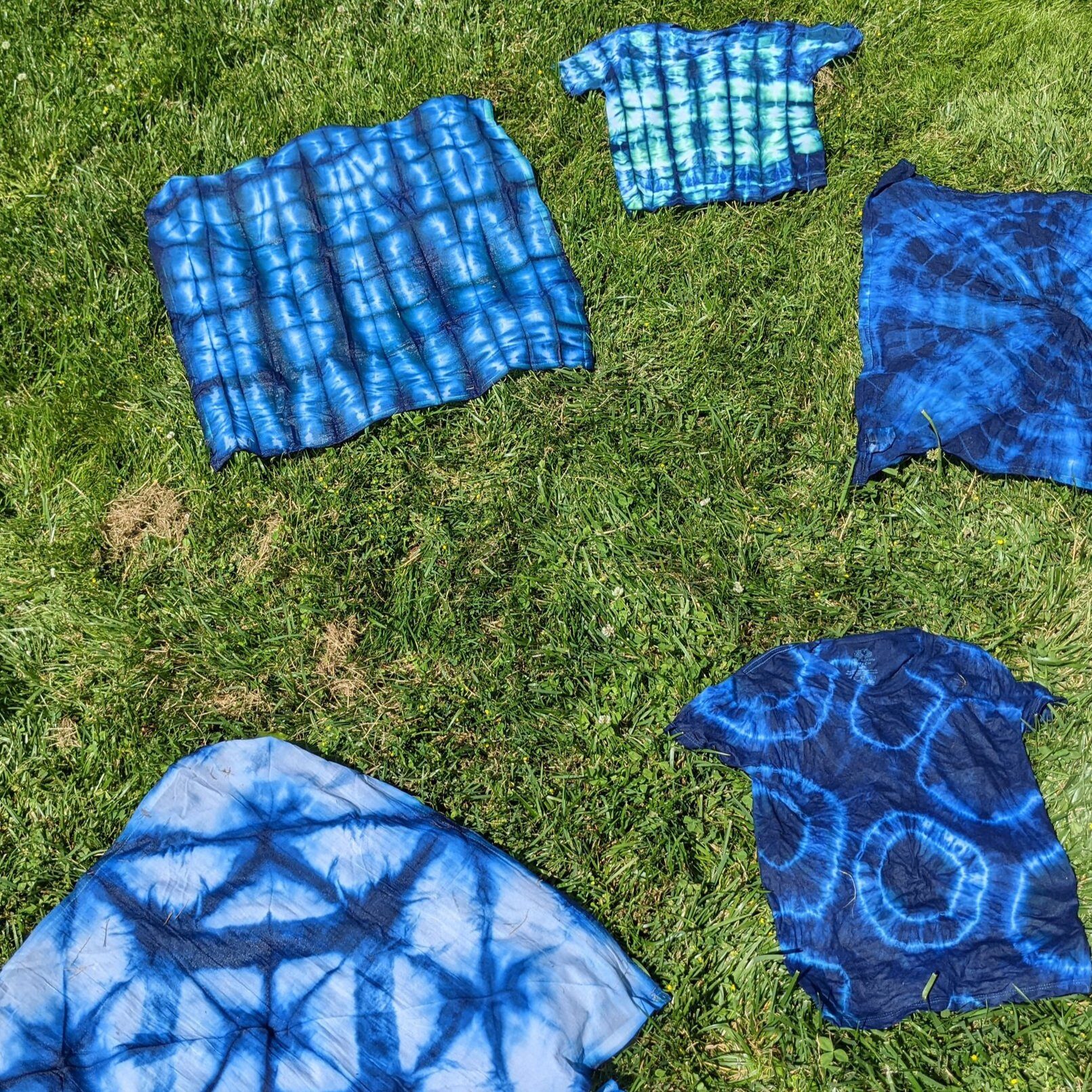 Indigo-dyed cloths drying on the grass