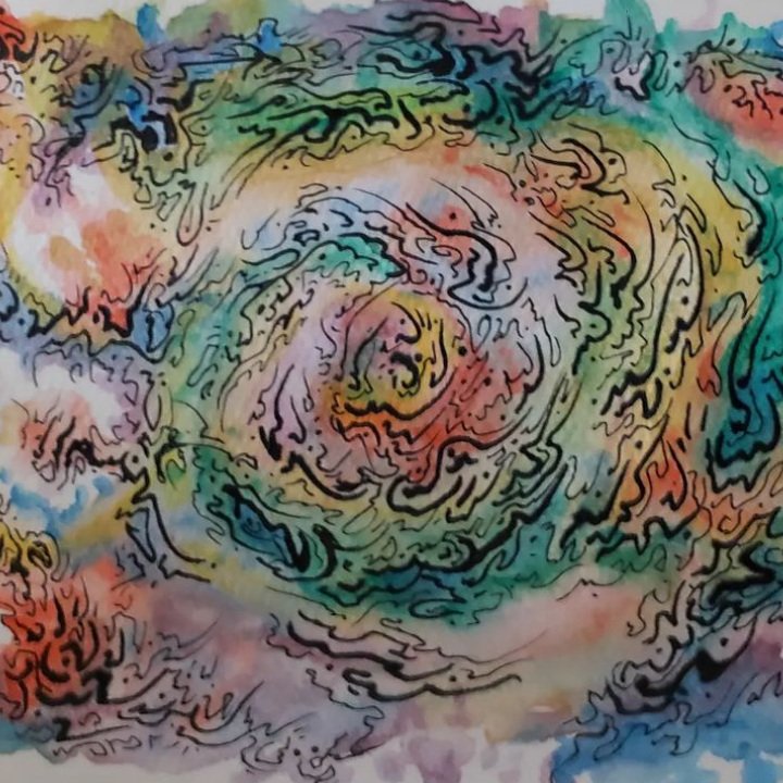 A swirling, colorful intuitive watercolor painting